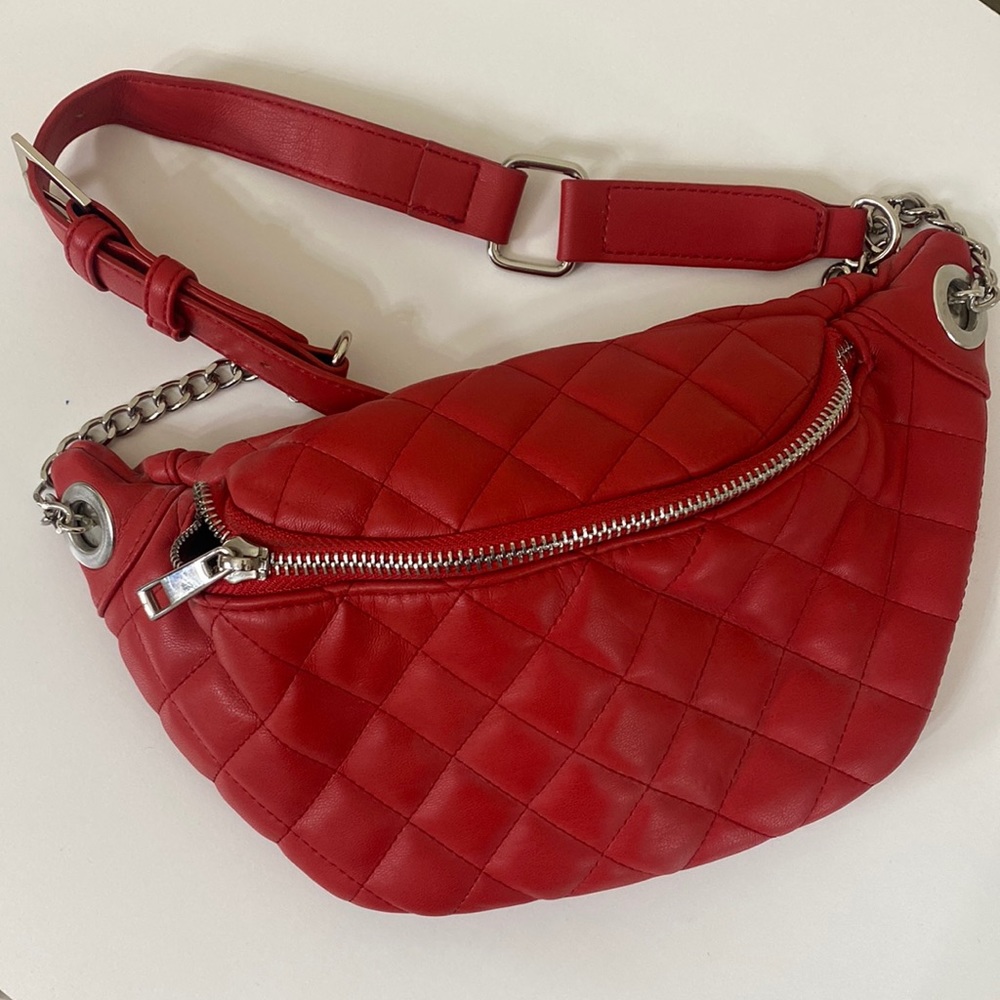 Red Quilted Silver Chain Strap Fanny Pack